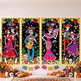 Chicplaid 4 Pcs Day of The Dead Banner LED Lighted Dia De Los Muertos Decor | 39'' Day of The Dead Door Decoration, Dia De Los Muertos Altar Porch Banner, Halloween Mexican Sugar Skull Hanging Door Cover