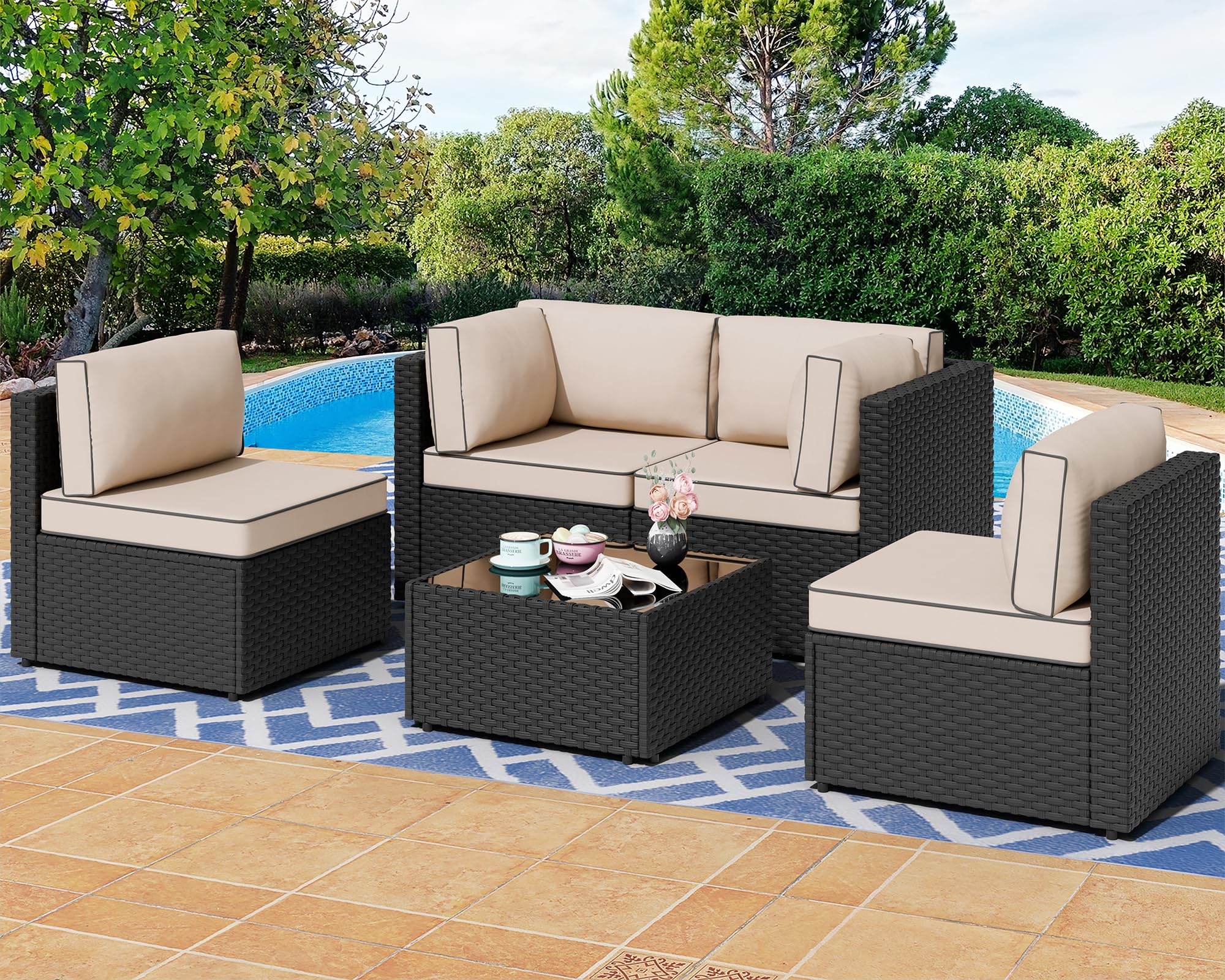 Photo 1 of ** Cushions only ** Shintenchi 5 Pieces Outdoor Patio Sectional Sofa Couch, Black PE Wicker Furniture Sets, Patio Conversation Sets with Washable Cushions Glass Coffee Table for Garden, Poolside, Backyard,(Khaki)