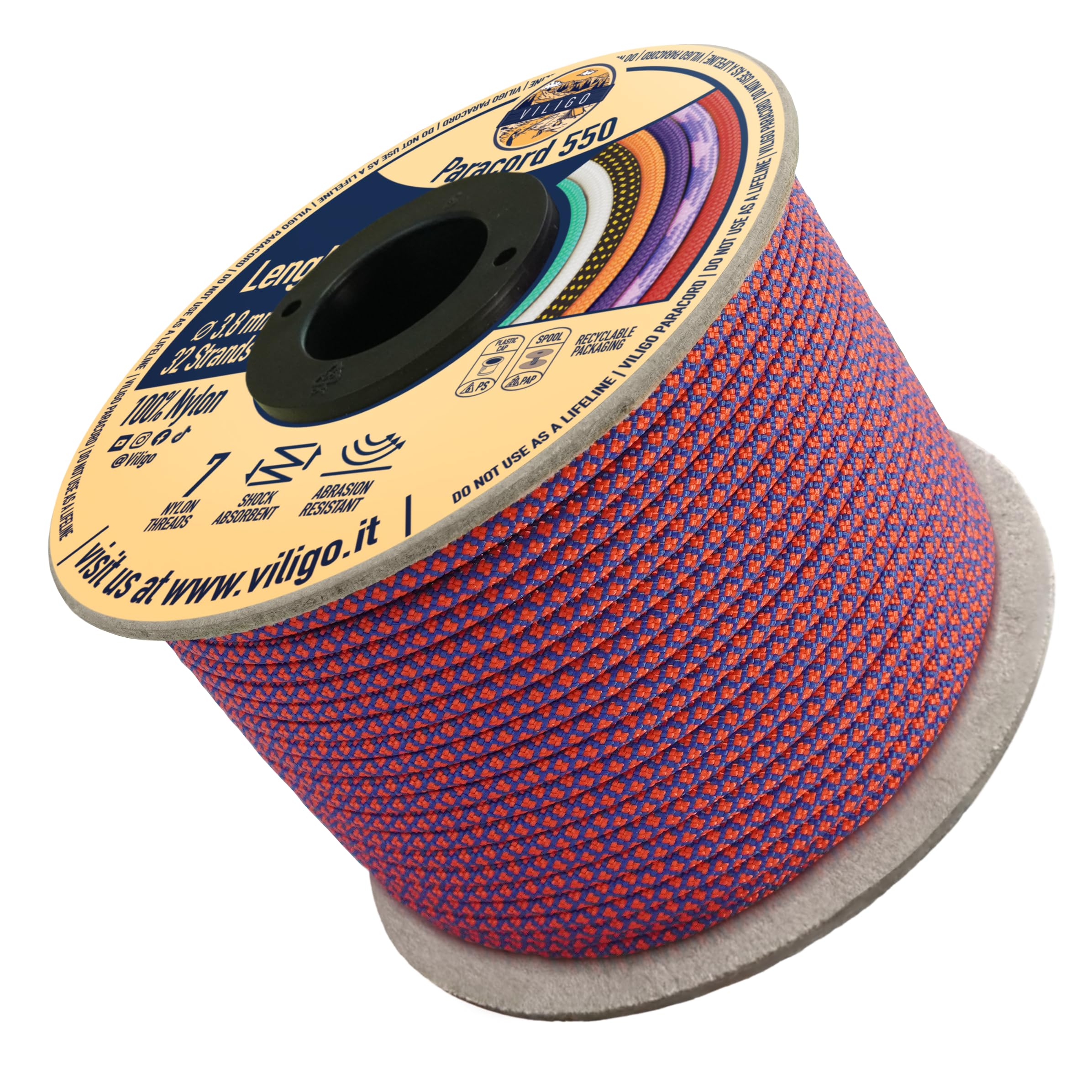 VILIGO Paracord 550 - Type III (3.8 mm) - Nylon Braid, 7 Inner Strands, Ideal for Camping, DIY Projects, Bracelet Making and Accessories (50 m, Gemstone)