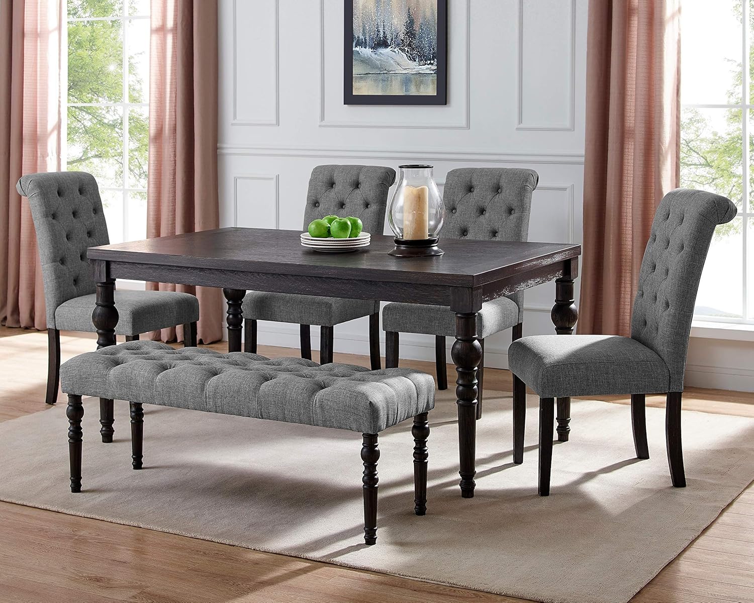 Roundhill Furniture Aneta Urban Style Dark Washed Wood Dining Set: Table, 4 Chairs and Bench, Gray