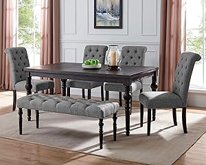 Roundhill Furniture Aneta Urban Style Dark Washed Wood Dining Set: Table, 4 Chairs and Bench, Gray