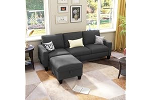 Lonkwa 78'' Convertible Sectional Sofa Couch, Dark Grey 3 Seat L-Shaped Couch with Storage Ottoman, Modern Linen Fabric Couches for Living Room, Apartment, Office, Small Space