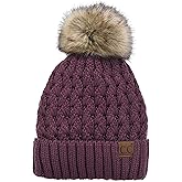C.C Beanie Women’s Thick Cable Knit Faux Fuzzy Fur Pom Lattice Crossover Fuzzy Lined Skull Cap Cuff Beanie