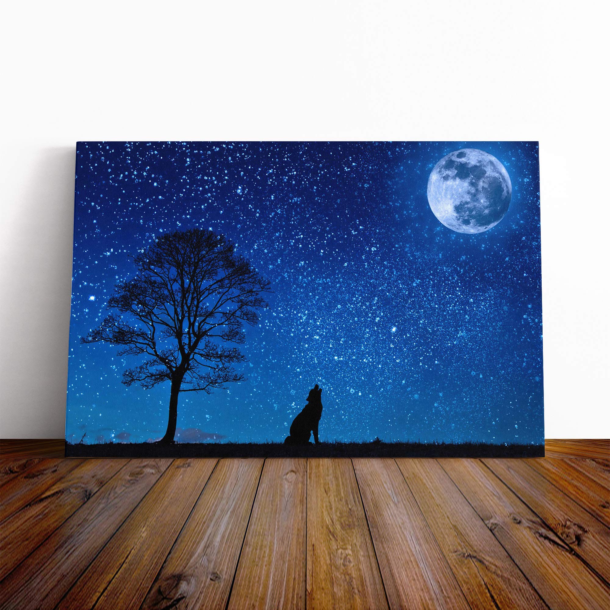 Wolf Howling at The Moon Canvas Print | Gallery Wrapped 30mm Frame Wall Art | 20x14 inches | Ready to Hang | Modern Space Picture | Living Room Bedroom Lounge Office