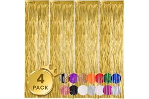 Voircoloria 4 Pack Gold Foil Fringe Backdrop Curtains, Tinsel Streamers Birthday Party Decorations, Fringe Backdrop for Graduation, Baby Shower, Gender Reveal, Disco Party