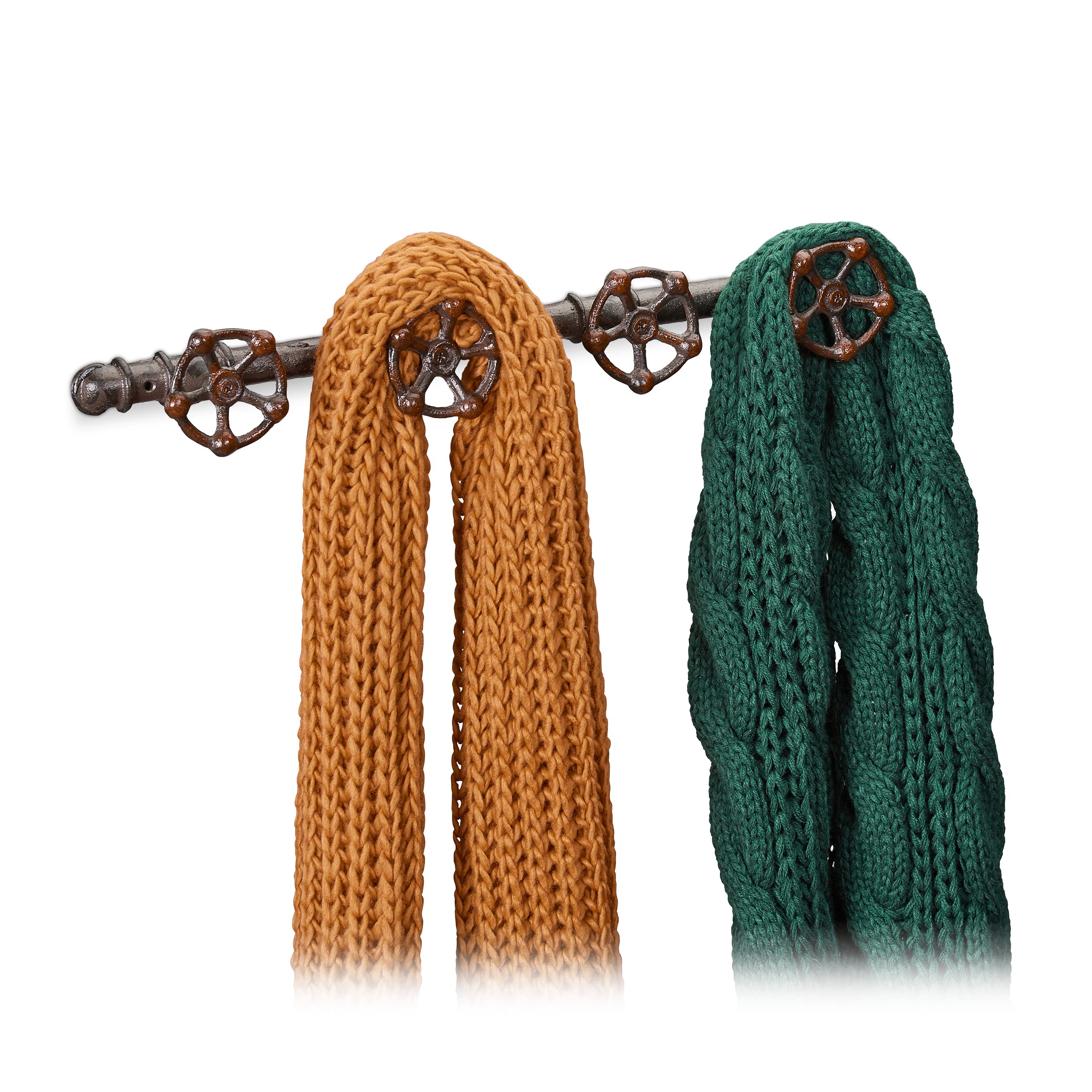 Relaxdays Wall-Mounted Coat Rack, 4 Hooks, Cast Iron, Deco Pipeline Look, Rustic, H x W x D: 6.5 x 46.5 x 6 cm, Brown