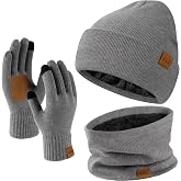 Bebila 3 Pcs Winter Beanie Hat Scarf Gloves Set, Thick Knit Hat Warm Neck Fleece Lined Winter Gift for Men Women