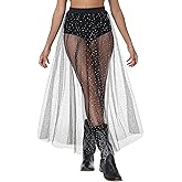 Rave Outfits for Women 2-in-1 Gothic Sheer Skirt, Sexy High Waist Flare Clubwear, Festival Foil A Line Lace Maxi Skirt
