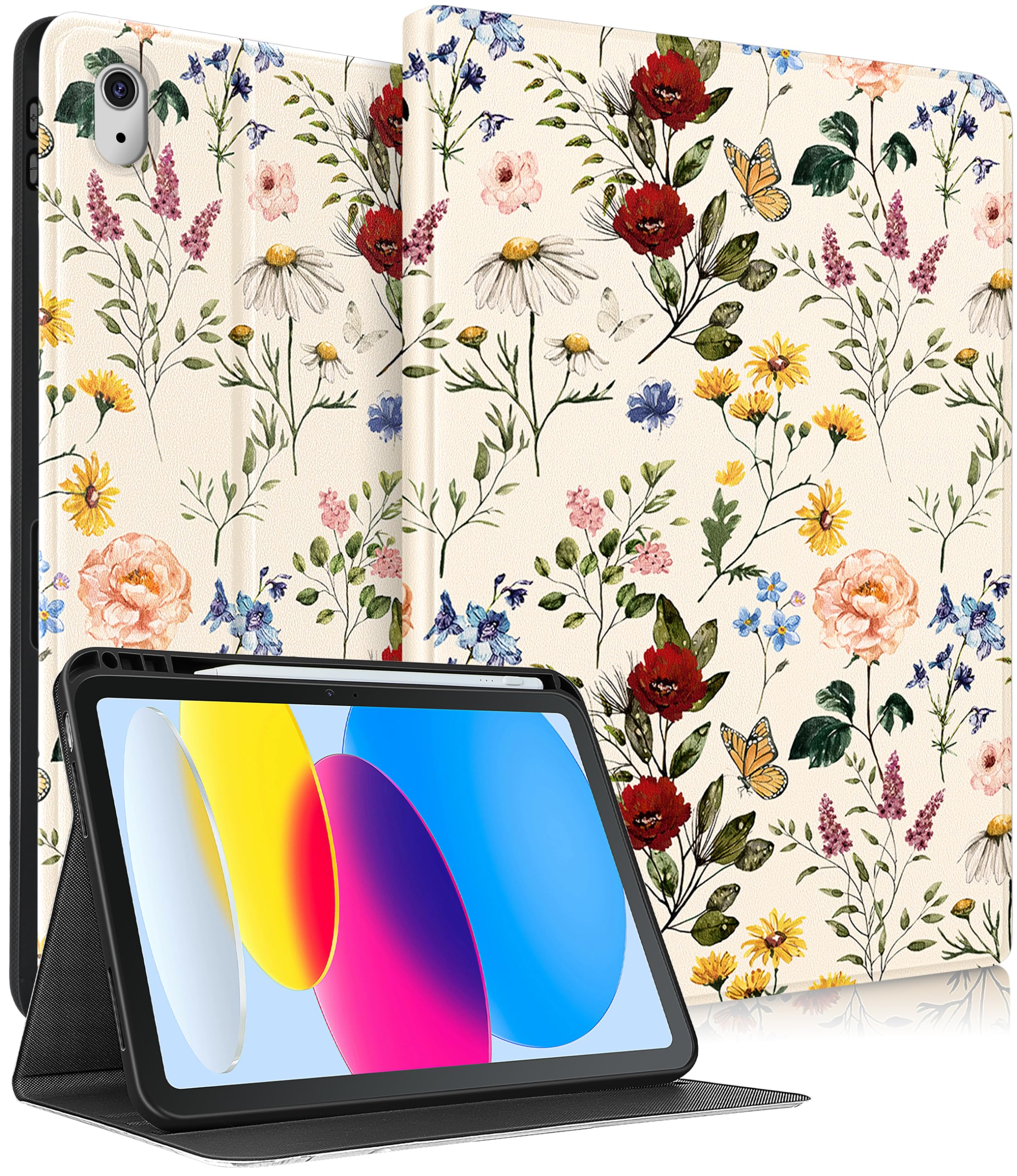Pegmode for iPad 10th Generation Case 10.9 Inch for Women Girls Cute Flower Folio Cover Girly Pretty Kawaii Floral Design With Pencil Holder Cover for Apple iPad 10th Gen Cases 2022 A2696 A2757
