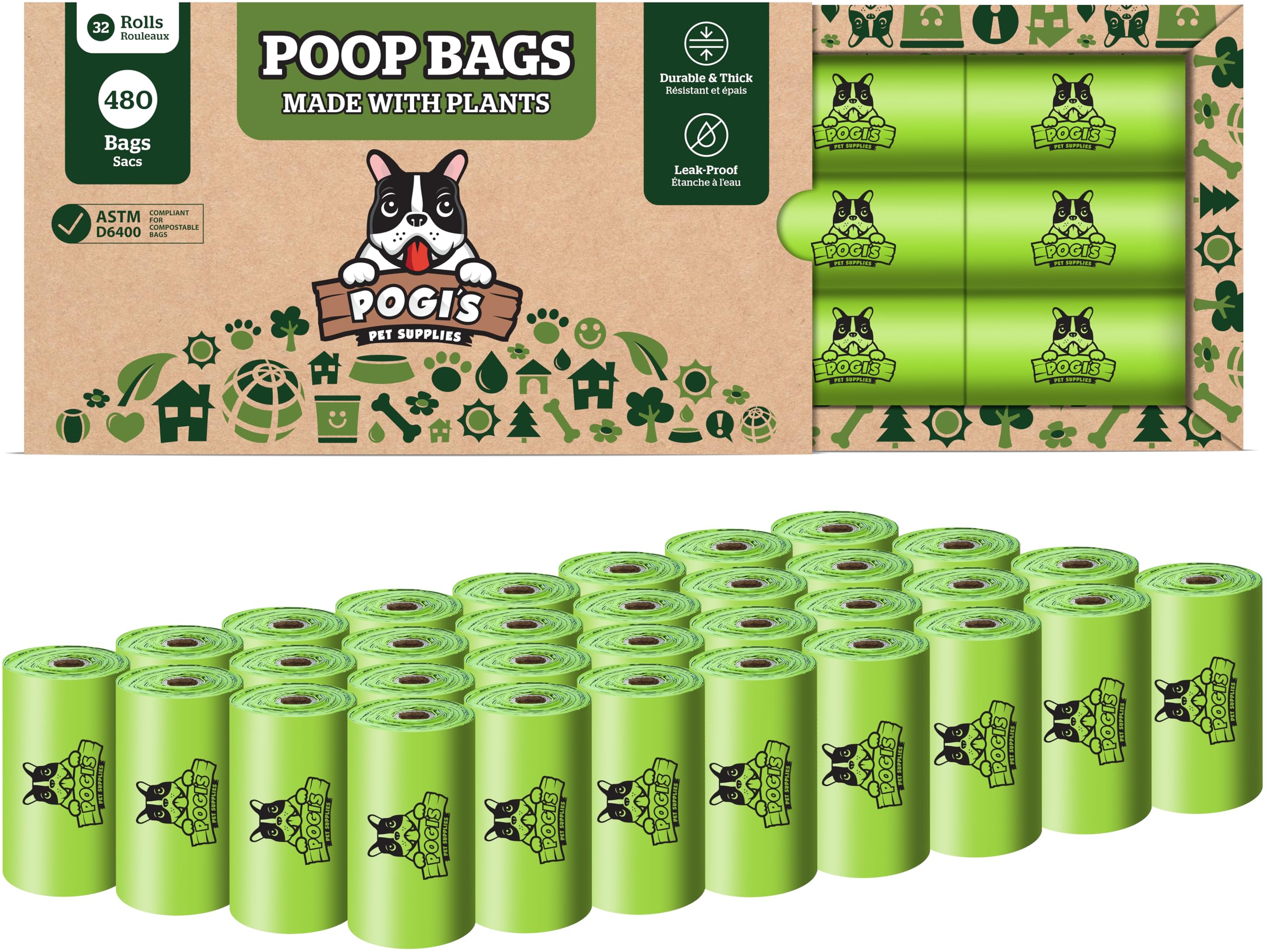 Pogi's Compostable Dog Poo Bags – Leak-Proof, Extra-Large, Made with Plants – 32 Rolls (480 Bags)