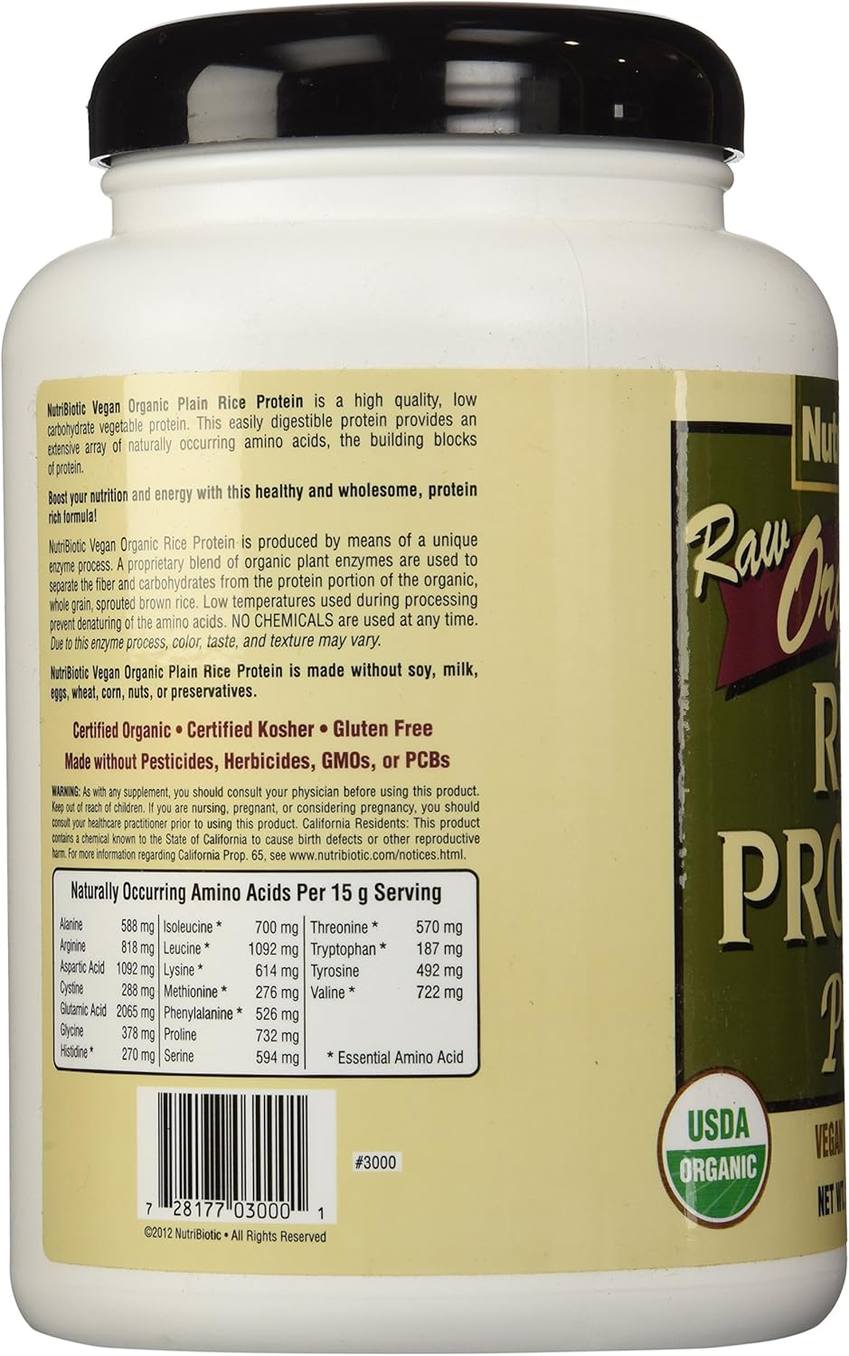 NutriBiotic Certified Organic Rice Protein Plain| 21 Ounce| Low Carbohydrate Vegan Protein Powder |Non-GMO| Gluten Free| Raw| Chemical-free Processing| Certified Kosher Keto Friendly| Easy to Digest: Health & Personal Care