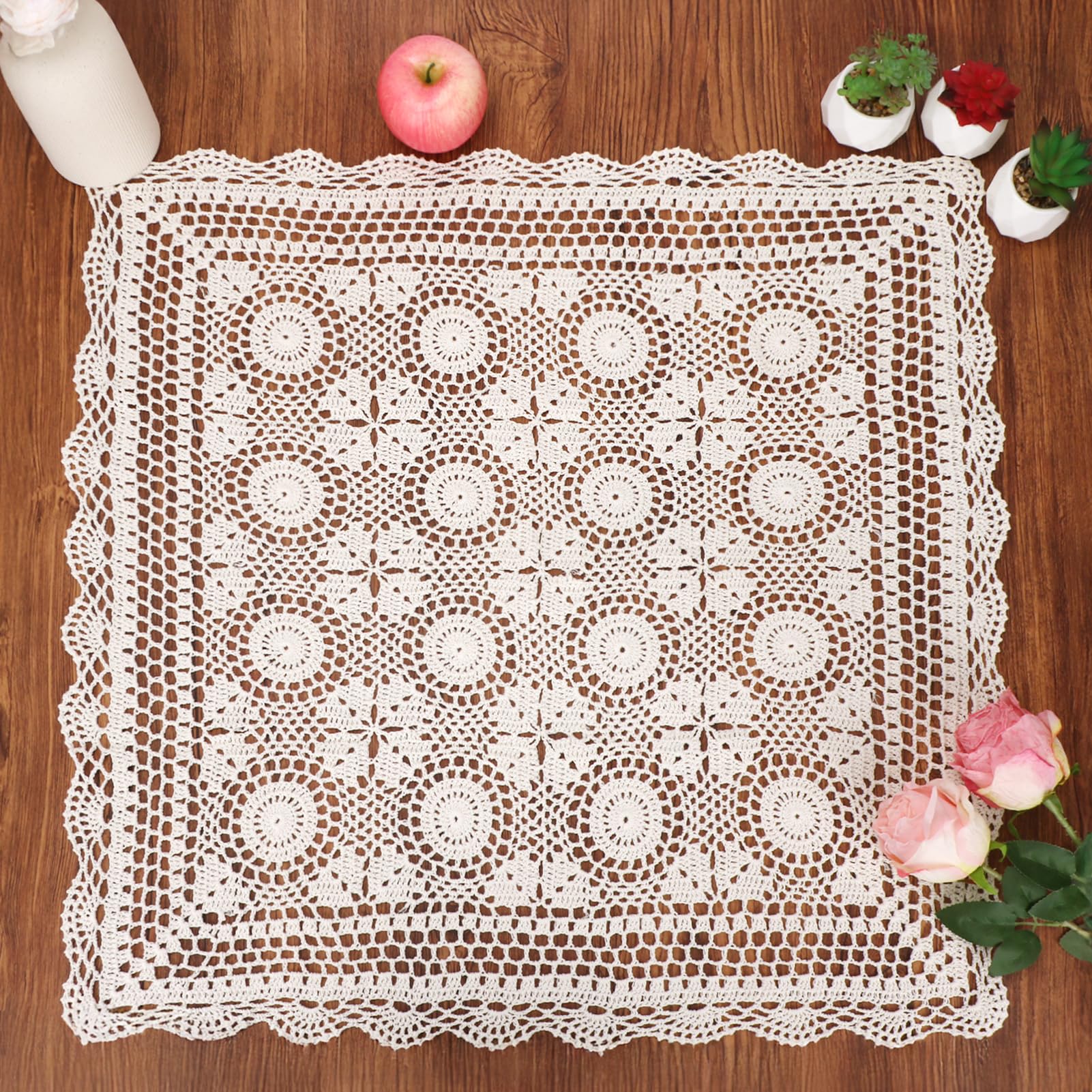 kilofly Handmade Crochet Cotton Lace Table Placemats Sofa Doilies, Square, Beige, 27 inch