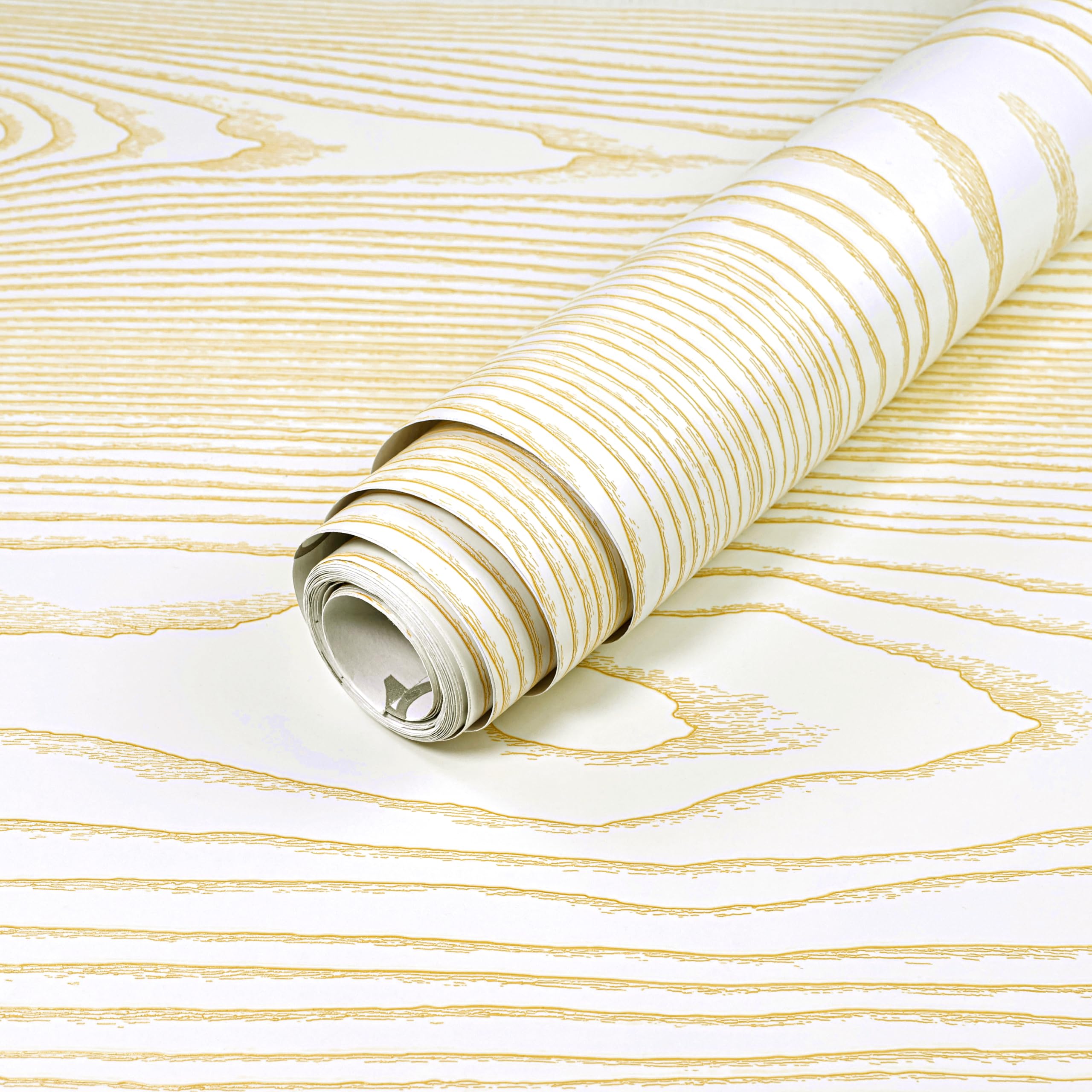 Yun-aeon Beige and Gold Wood Contact Paper 17.3"x400" Rustic Wooden Peel and Stick Wallpaper Removable Self-Adhesive Wallpaper Wood Grain Contact Paper for Countertops Cabinets Image