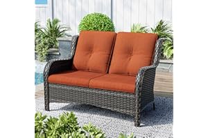 Gardenbee Patio Loveseat 2-Seat Wicker Sofa Outdoors - Deep Seating and Soft Cushions, for Porch Deck Balcony, Hand-Woven Mixed Rattan, Orange