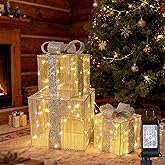 Set of 3 Christmas Lighted Gift Boxes - Pre Lit Presents Christmas Boxes Outdoor Lighted with Different Sizes for Holiday Indoor Outdoor Decoration (Silver, Small)