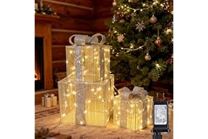 Set of 3 Christmas Lighted Gift Boxes - Pre Lit Presents Christmas Boxes Outdoor Lighted with Different Sizes for Holiday Ind