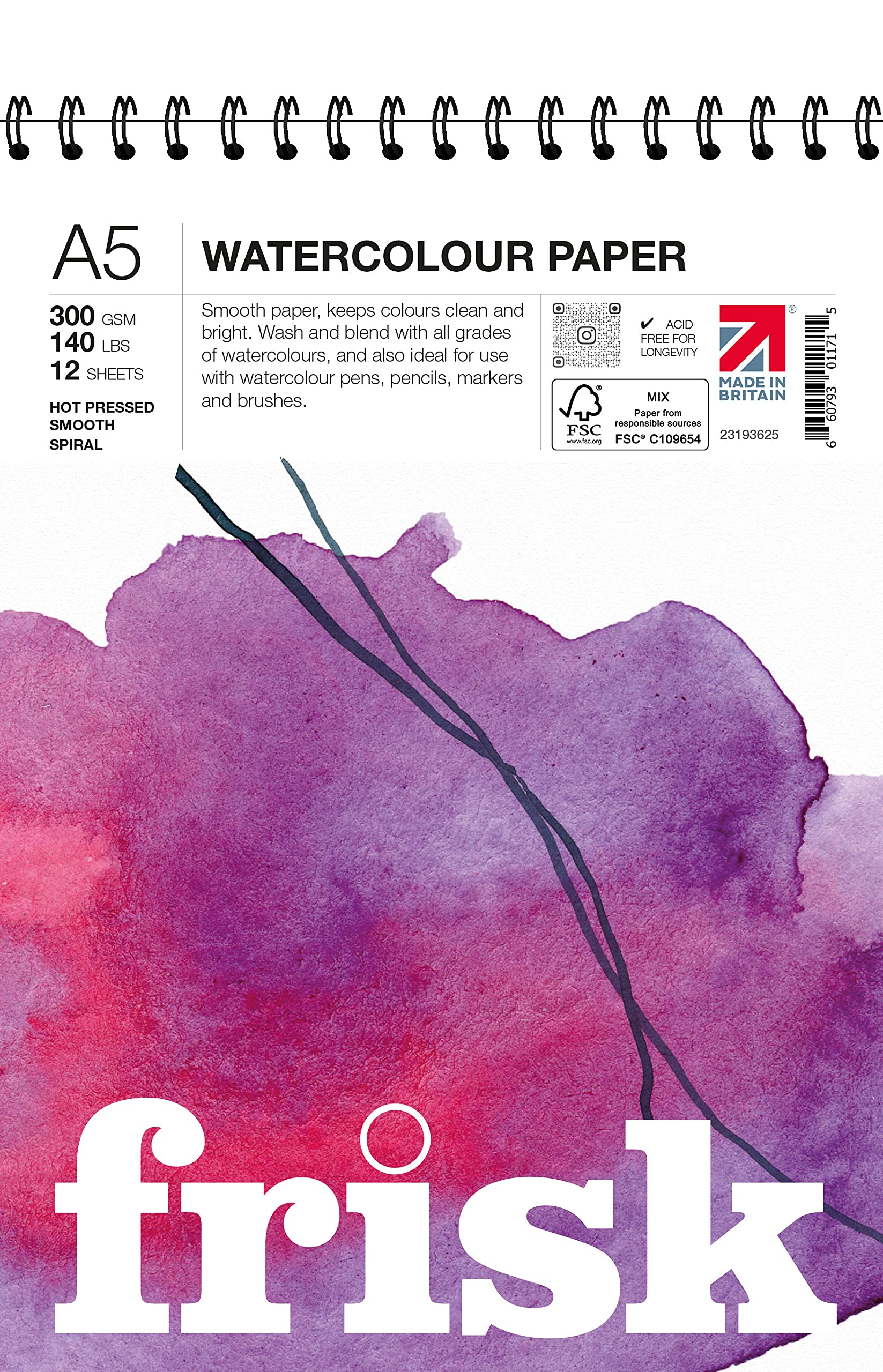 Frisk Watercolour Paper Spiral Hot Pressed/Smooth A5 300gsm