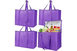 musbus 4-Pack Extra Warm XL-Large Purple Insulated Grocery shopping bags, Reusable, Heavy Duty, zipped zipper,Collapsible,tote,cooler,for men,women,