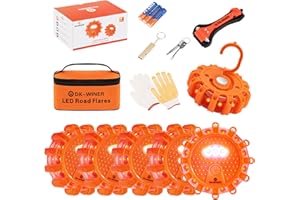 DK-WINER LED Road Flares Roadside Emergency car kit Emergency Road Flares Kit with Magnetic Base for Vehicles & Boat | 9 Flash Modes(with Batteries) (6Pack Including Tool Kit)