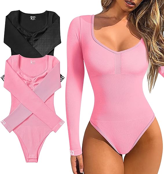 OQQ BODYSUITS FOR WOMEN 2 PIECE SEXY RIBBED LONG SLEEVE TUMMY CONTROL TOPS BODYSUITS BLACK CANDYPINK