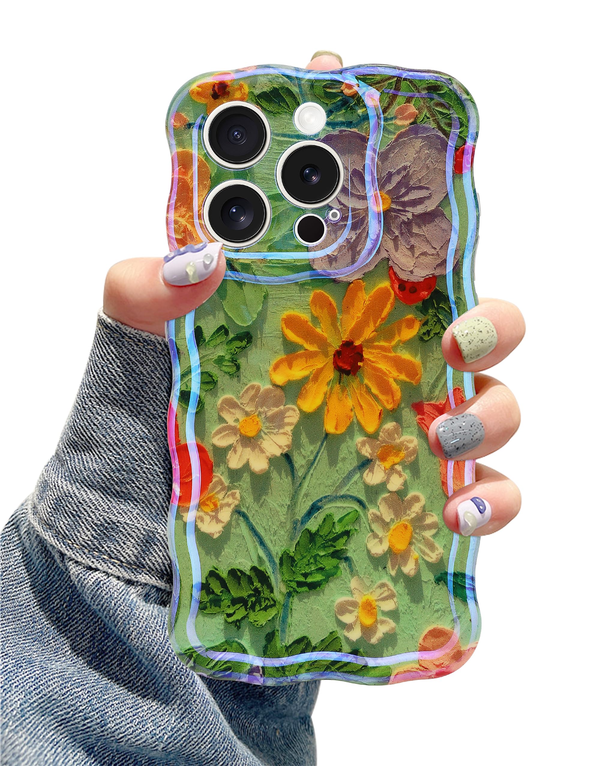 Photo 1 of Jusy Compatible with iPhone 15 Pro Max, Colorful Retro Oil Painting Printed Flower Laser Glossy Pattern Cute Curly Wave Phone Case Soft TPU Cover for Girly Women - Green Yellow