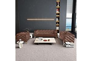 ORRD 3 Pieces Chesterfield Sofa Set, Upholstered Couch with Square Arms and Tufted Back, Faux Leather Loveseat Couch Sets with Metal Buckle and Metal Legs for Living Room, Office, Bedroom (Dark Brown)