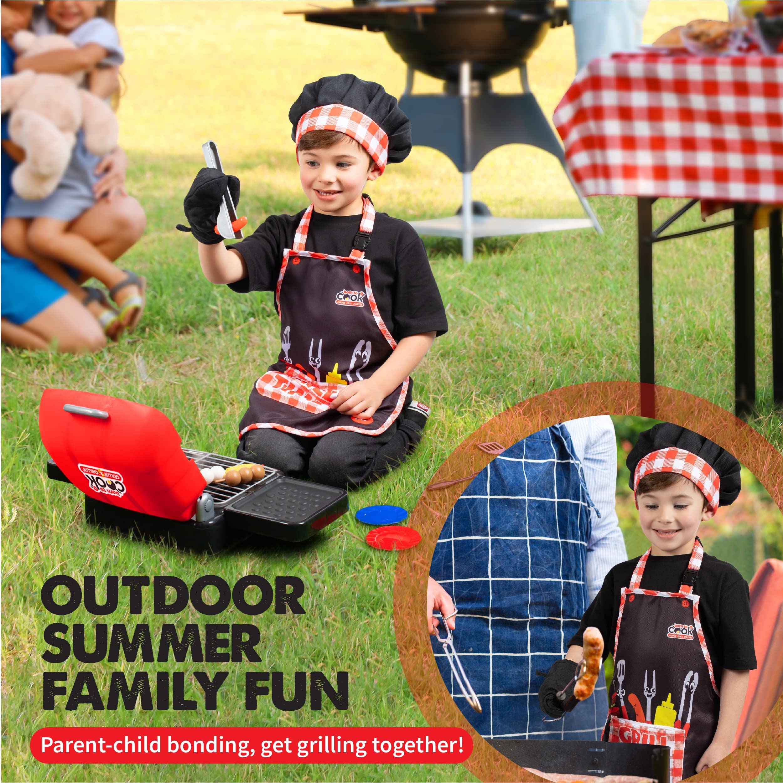 Born Toys Kids Grill Playset, Pretend Play BBQ Toys Kitchen and Baking Set, Interactive Chef Dress Up