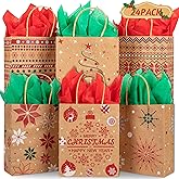 24 Christmas Kraft Gift Bags with 24 Tissue Papers, 7 x 8.6 x 3 Holiday Goody Bags with Handles, Xmas Treat Bags for Party Favors, Classroom Exchange, Present Wrapping