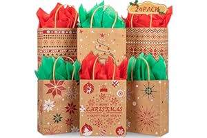KIDDOKIDS COOL THINGS FOR COOL KIDS 24 Christmas Kraft Gift Bags with 24 Tissue Papers, 7 x 8.6 x 3 Holiday Goody Bags with Handles, Xmas Treat Bags for Party Favors, Classroom Exchange, Present Wrapping