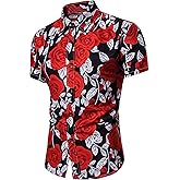 LEFTGU Men's Rose Flower Printed Summer Fashion Slim fit Button-Down Shirt