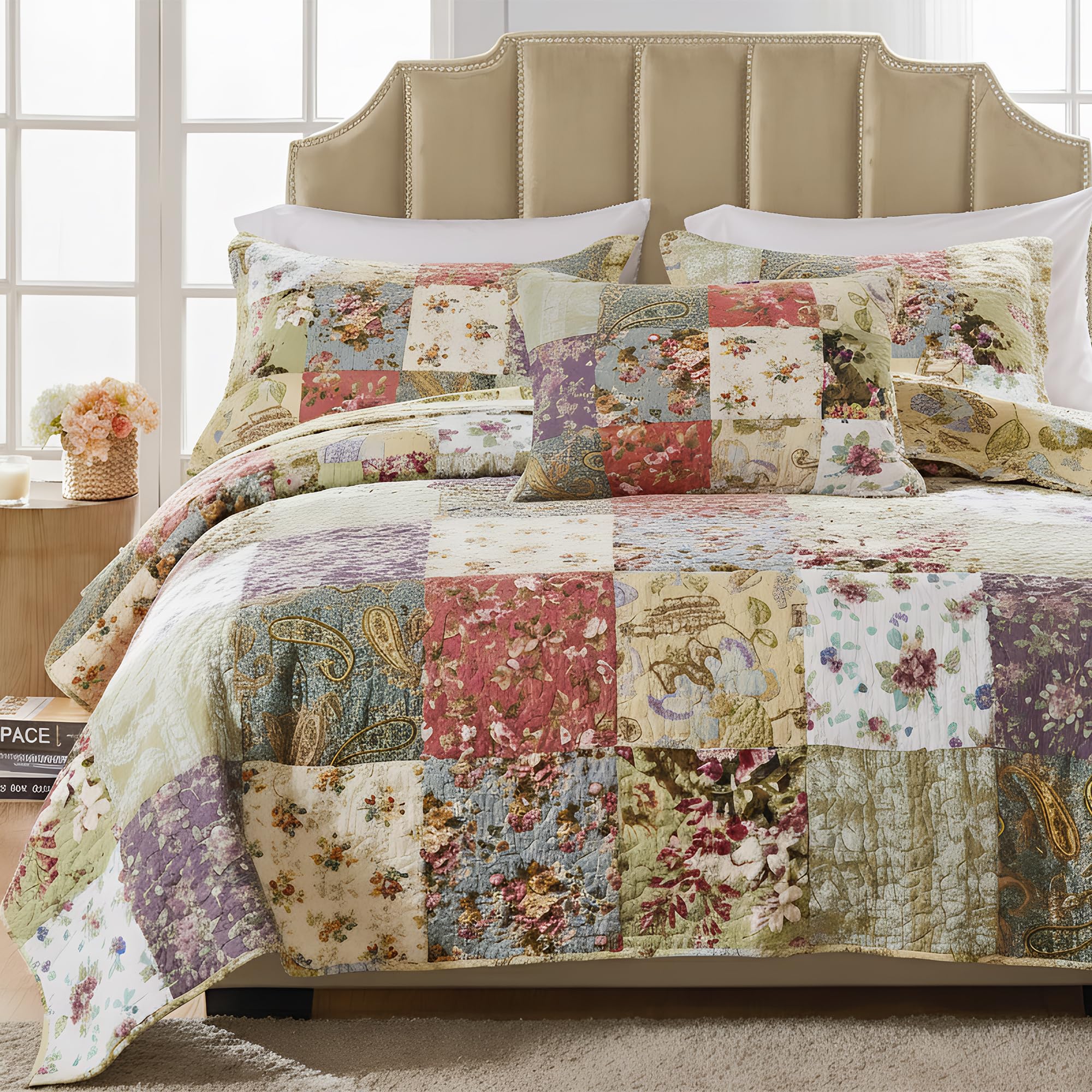 Greenland Home Blooming Prairie 100% Cotton Authentic Patchwork Reversible Quilt Set, 4-Piece Full/Queen Image