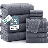 Casa Platino 100% Cotton Towels Set for Bathroom - 12 Pc Family Pack - Super Soft & Quick Dry - 4 Bath, 4 Washcloth, 4 Hand Towels - Oeko TEX Certified, Machine Washable & Durable - Cool Grey