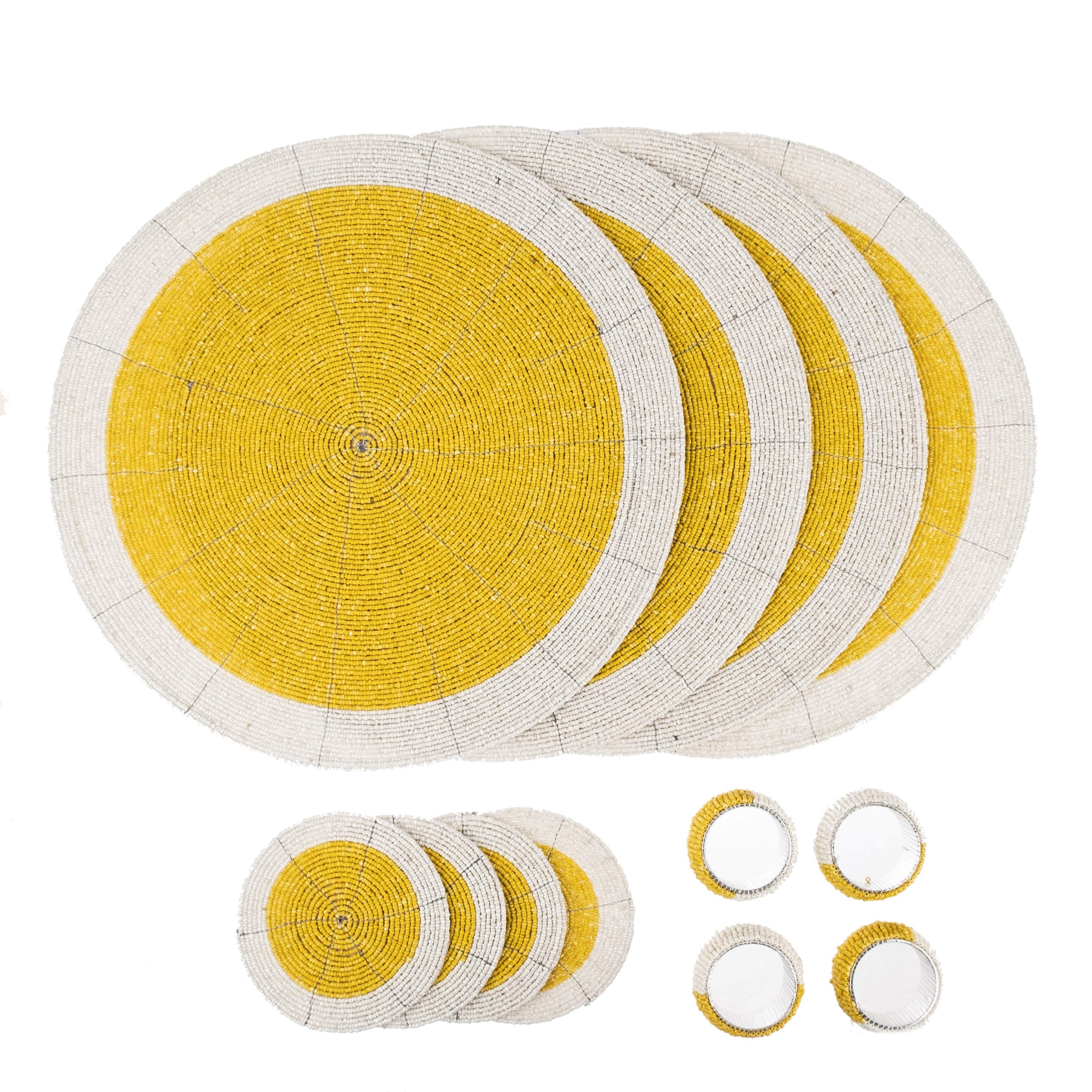 Penguin Home Handcrafted Glass Beaded Round Placemats, Coasters & Napkin Rings Set of 12 - Handmade Table Place Mats for Dining - 32 cm (13") Diameter (Yellow and White)