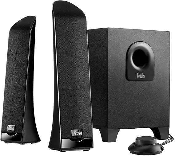 Hercules 2.1 Slim (2.1 Lautsprecher, 60 W, Lautstärke-/Bassregler, Tischfernbedienung, Kopfhörer-/AUX-Eingang)