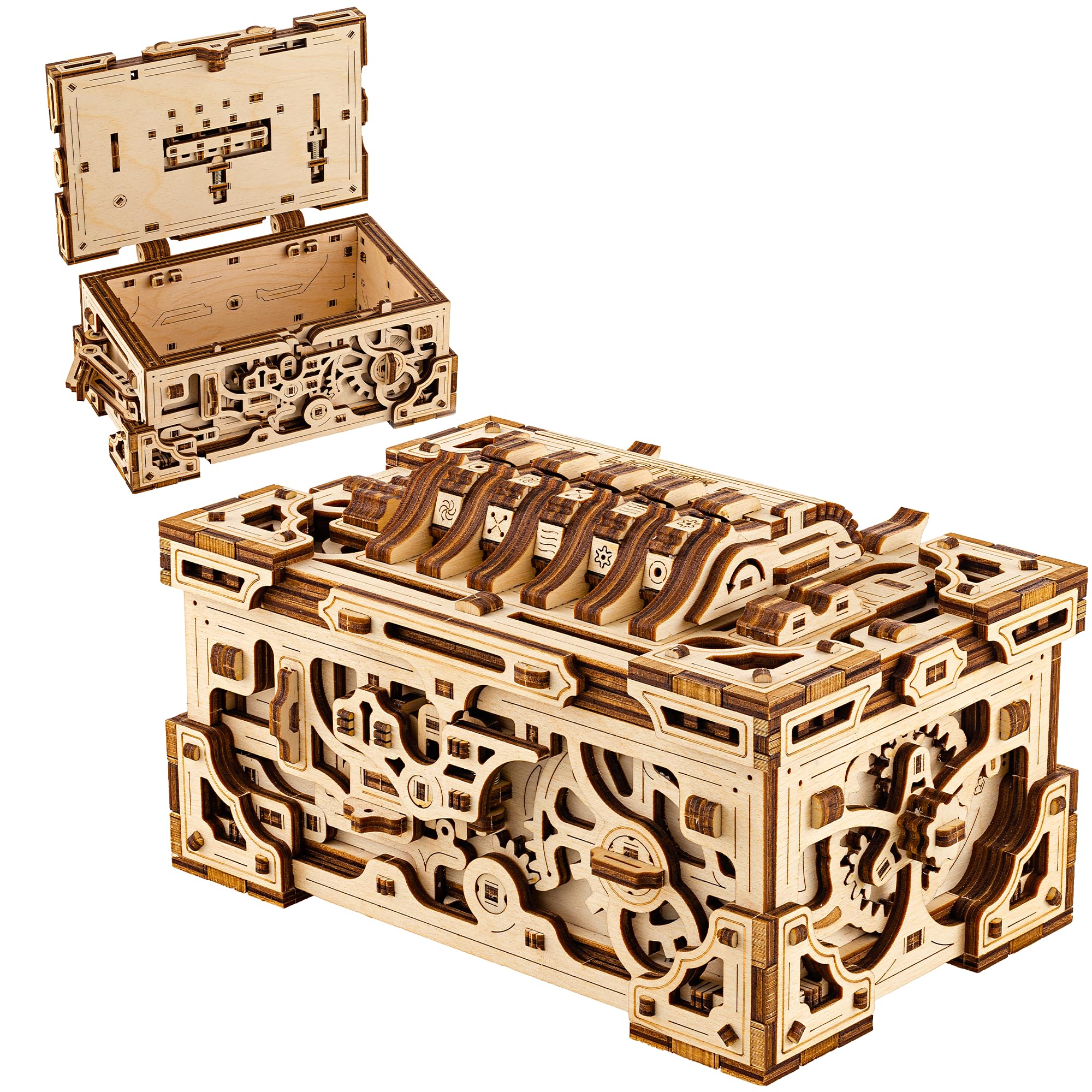 Wood Trick Enigma Chest Lock Box Wooden 3D Puzzles for Adults and Kids to Build - Engineering DIY Project Mechanical Model Kits for Adults Wooden Models