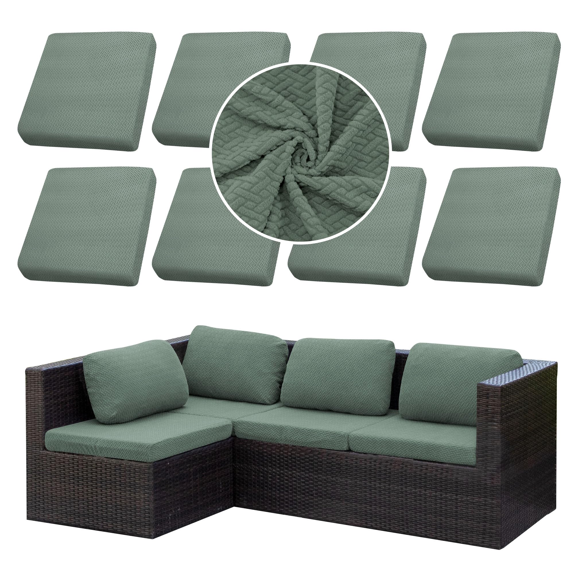 Photo 1 of SUKAIKEQA 8Pcs Stretch Patio Cushion Cover Outdoor Cushion Cover Replacement Slipcovers Outdoor Cushion Covers Thick Jacquard Textured Twill Fabric Porch Patio Furniture Protector(Green?Cover?Only)