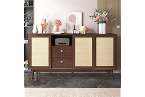 GDFStudio 61 Inch Sideboard Cabinet with Real Rattan Sliding Doors and 2 Drawers,The Storage Buffet with Solid Wood Legs,Brea