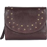 VILENCA HOLLAND 4.5 inch Genuine Italian Leather Boho Studded Trifold Double Flap Closure Wallet – Zipper Coin Purse & Credit Card Holder for Women (Brown)