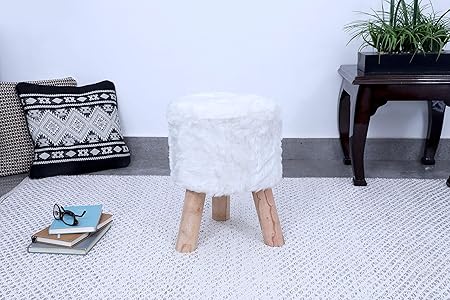 White Faux Fur Stool, 3 Wooden Legs,30X30X40cms,Best for Bedroom,livingroom,kidsroom,dressingroom,Soft,Comfortable by CHOPRA INTERNATIONAL
