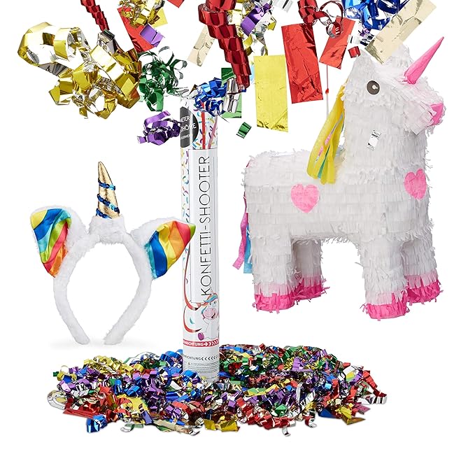 Relaxdays 3 tlg. Einhorn Set, Einhorn Pinata, Haarreif Unicorn, Party Popper 40 cm Einhornglitter, Ideal für Kindergeburtstag