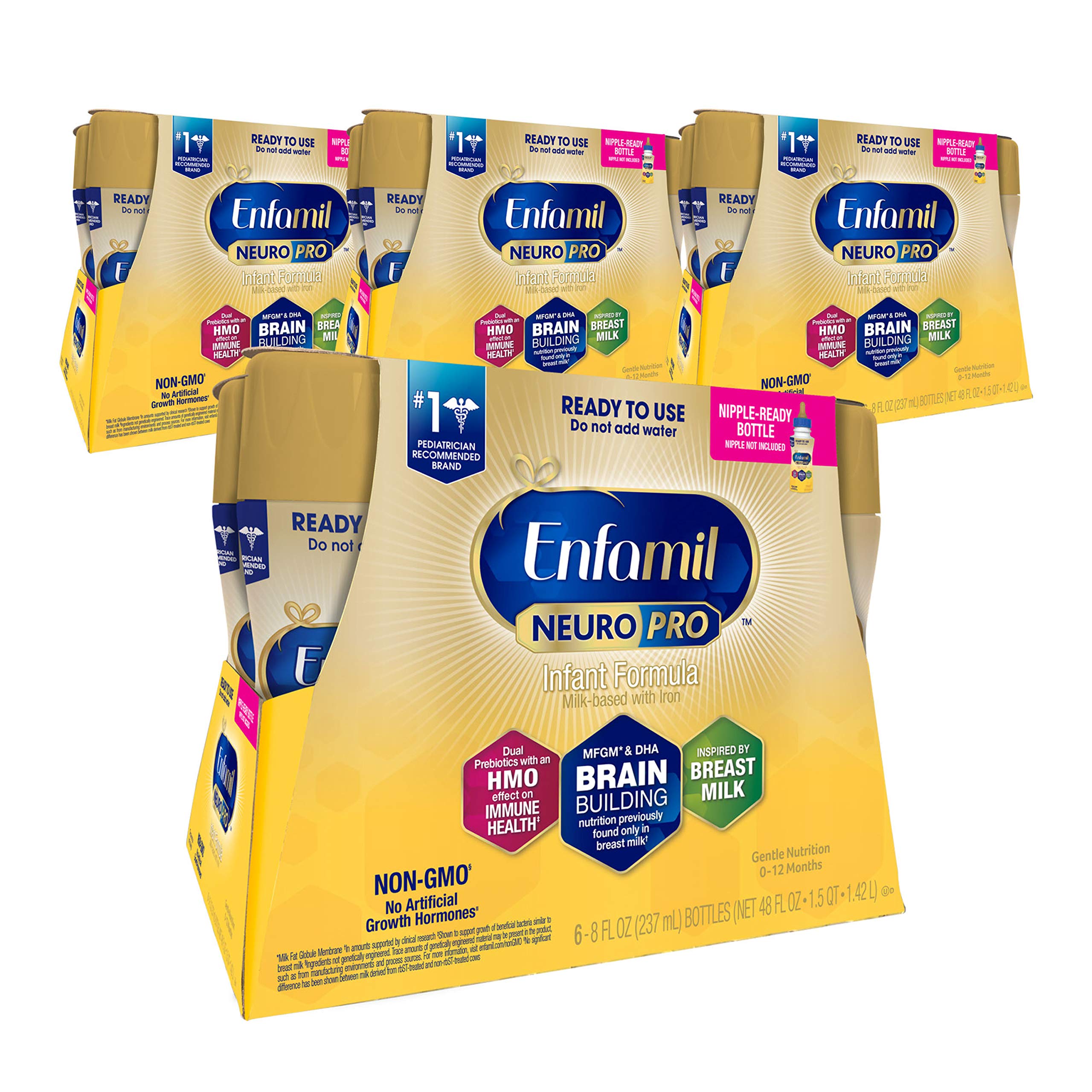 Enfamil NeuroPro Ready to Feed Baby Formula, Ready to Use, Brain and Immune Support with DHA, Iron and Prebiotics, Non-GMO, 8 Fl Oz (6 count) (Pack of 4), Total 24 bottles, 192 Oz