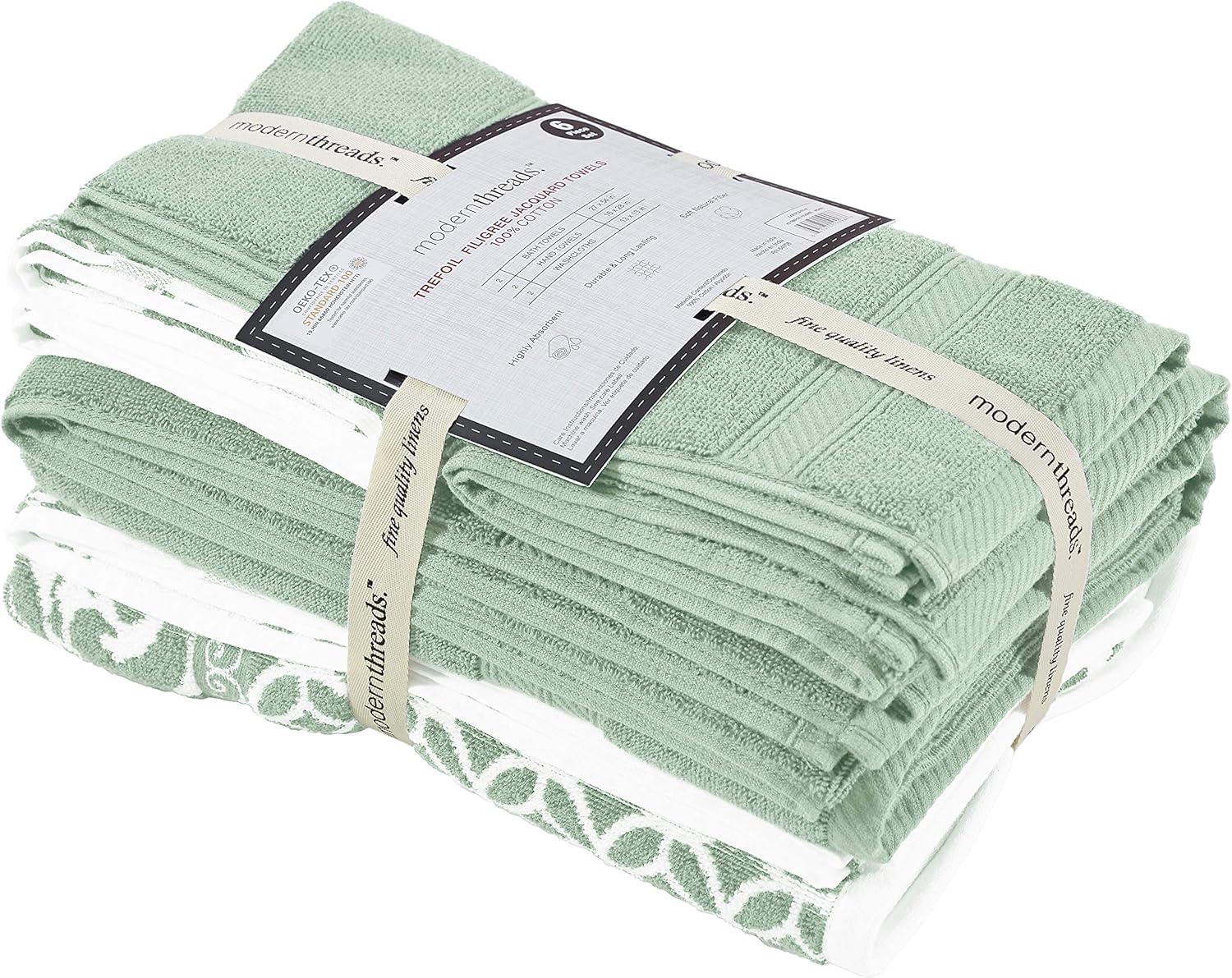 Amrapur Overseas | Trefoil Filigree 6 Piece Reversible Yarn Dyed Jacquard Towel Set (Sage): Home & Kitchen