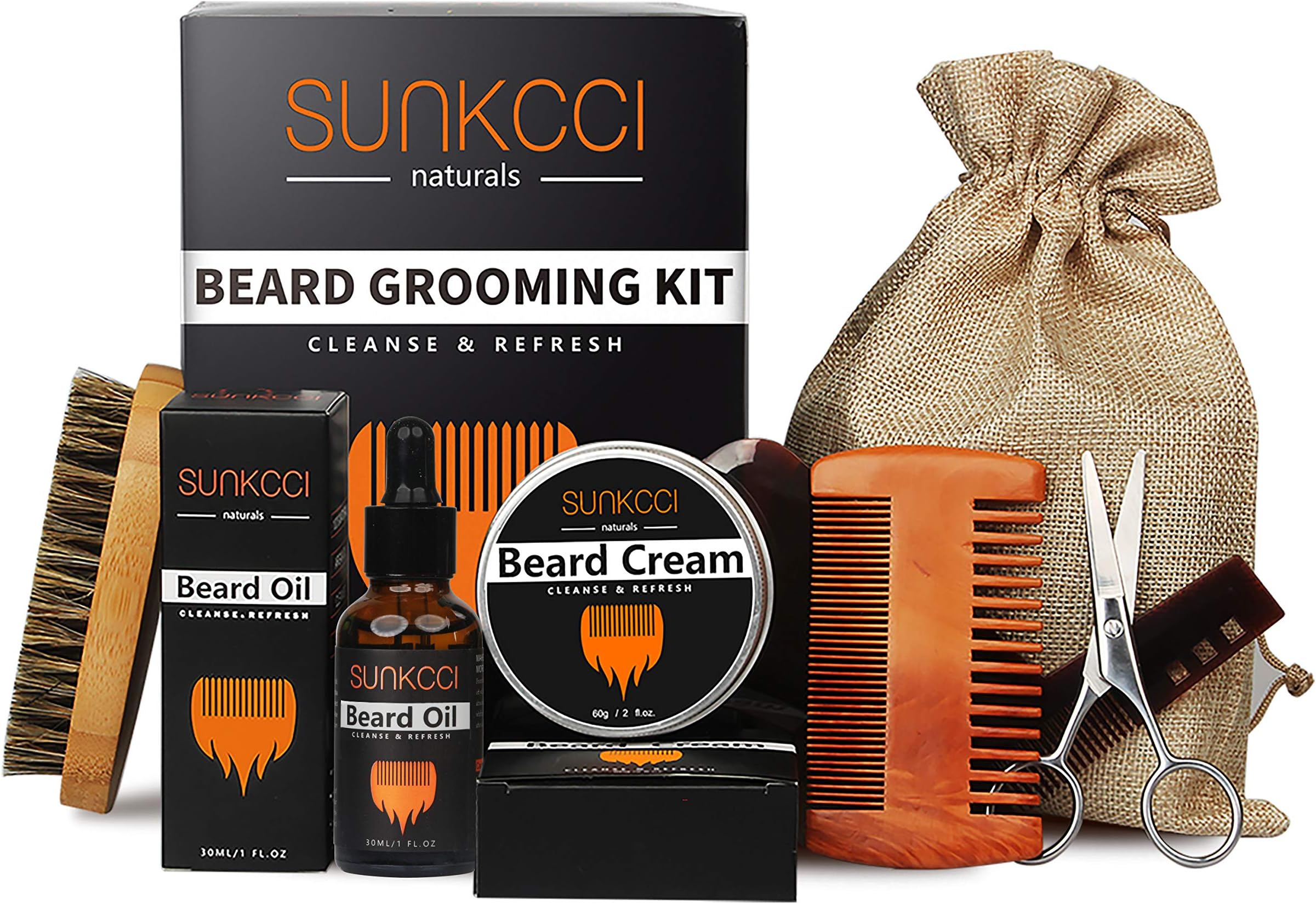7 in 1 Beard Care Growth Grooming & Trimming Kit - SUNKCCI Unscented Beard Oil+ Comb+ Balm+Brush+Scissors+Storage Bag, Gift for Dad Husband & Boyfriend