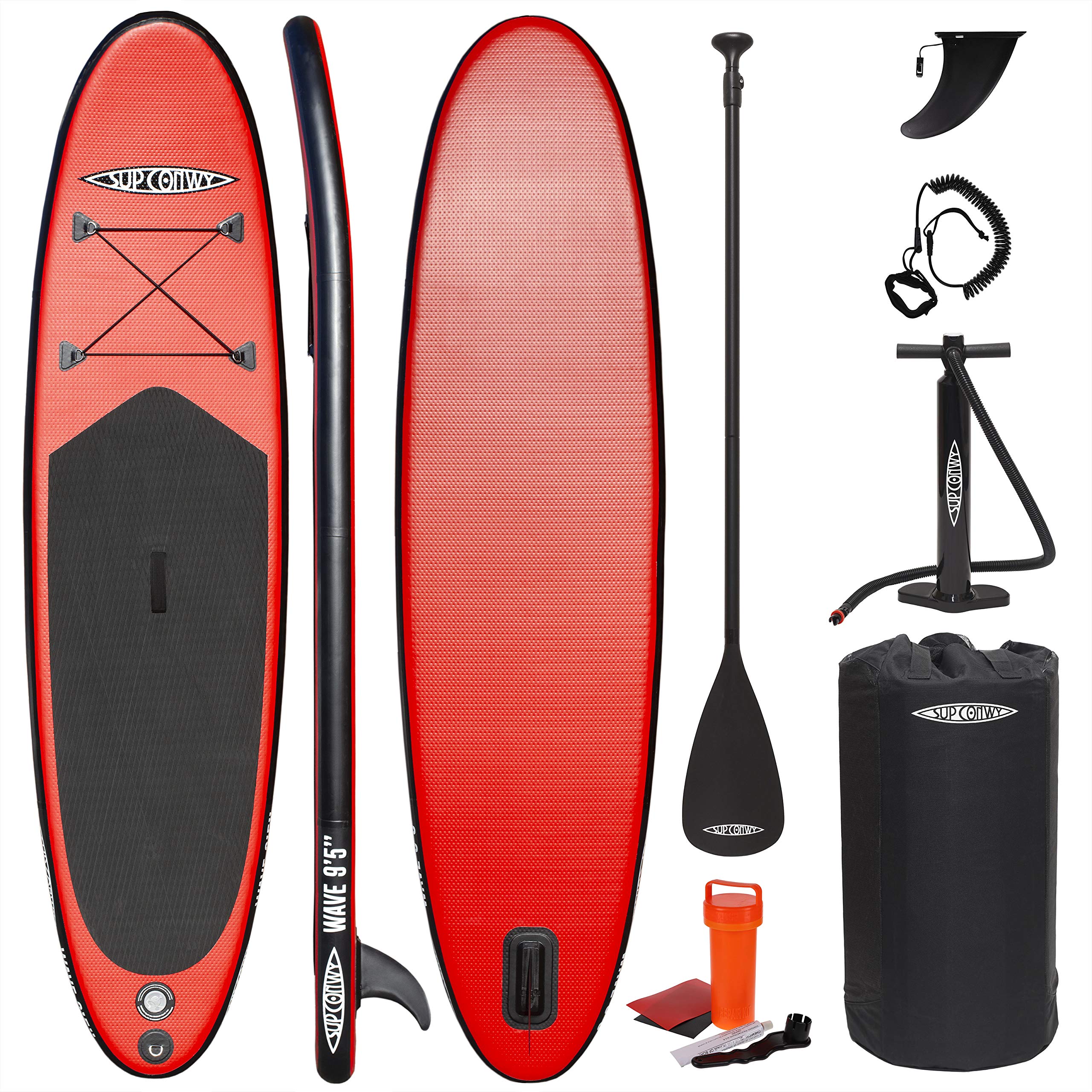 SUP Conwy Wave 9' 6" Kids Inflatable Stand Up Paddle Board Complete Kit with Accessories Package - Paddleboard, Paddle, Pump, Bag, Ankle Leash and More Red