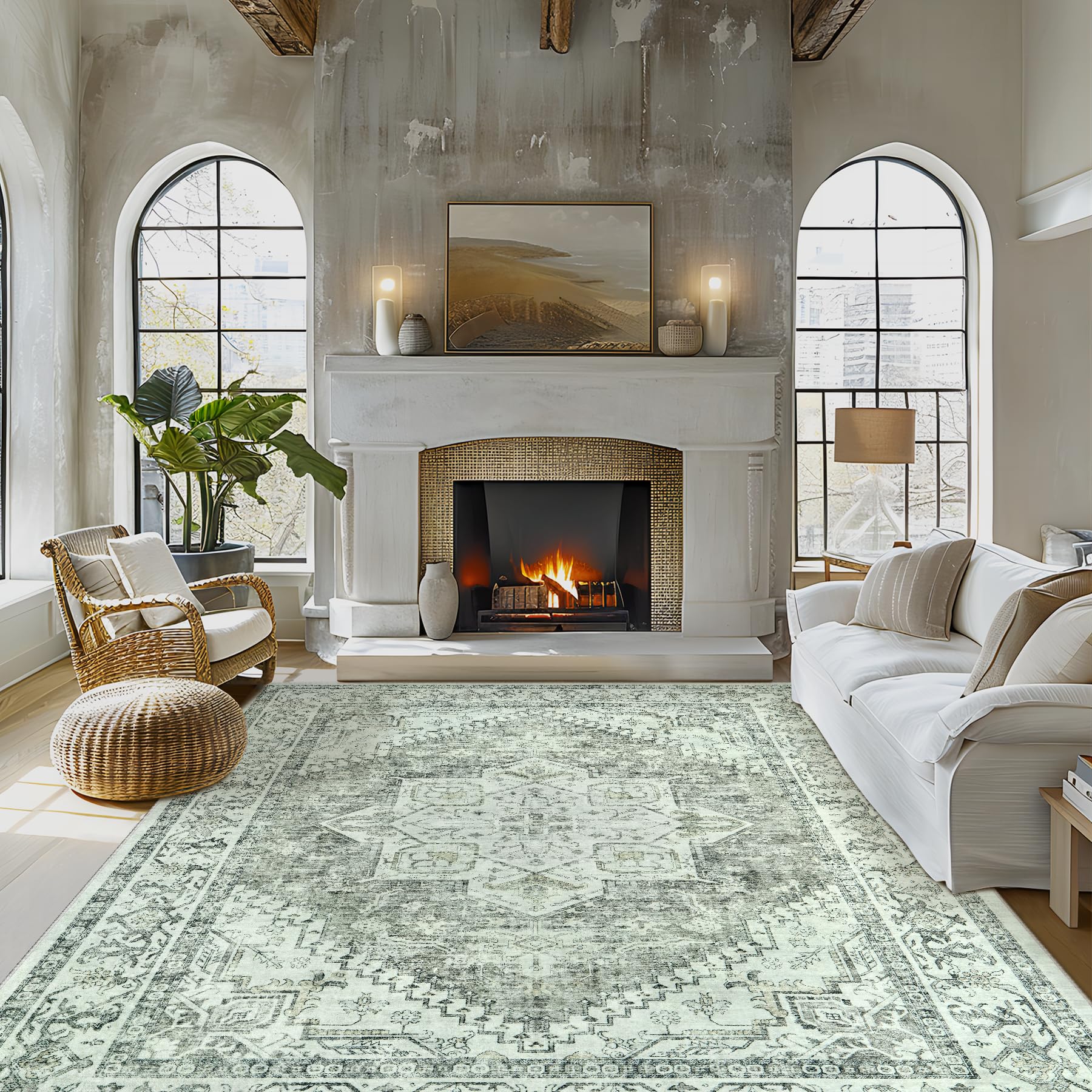 Area Rug Living Room Carpets: 8x10 Large Machine Washable Rug Boho Vintage Medallion Soft Thin Rug Indoor Floor Anti Slip No Shedding Carpet for Bedroom Dining Farmhouse Nursery Home Office-Gray Image