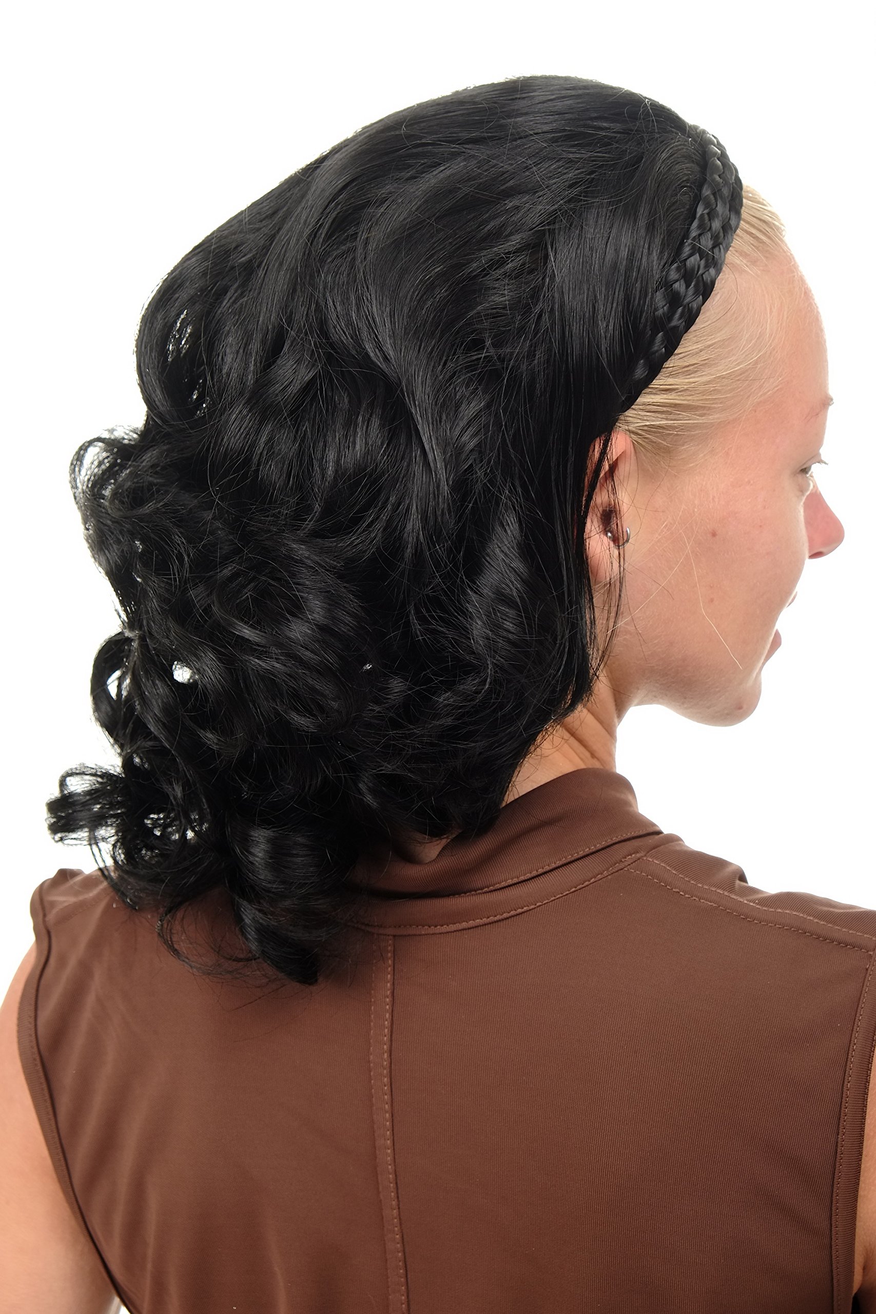 WIG ME UP - 90604-1 Halfwig Hairpiece Extension with braided hair circlet shoulder length wavy to curled deep black 14inch