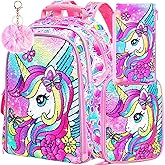 FTJCF 3PCS Unicorn Backpack for Girls, 16" Sequins Bookbag with Lunch Box,Kids School Bags for Elementary Preschool Kindergarten (Pink)