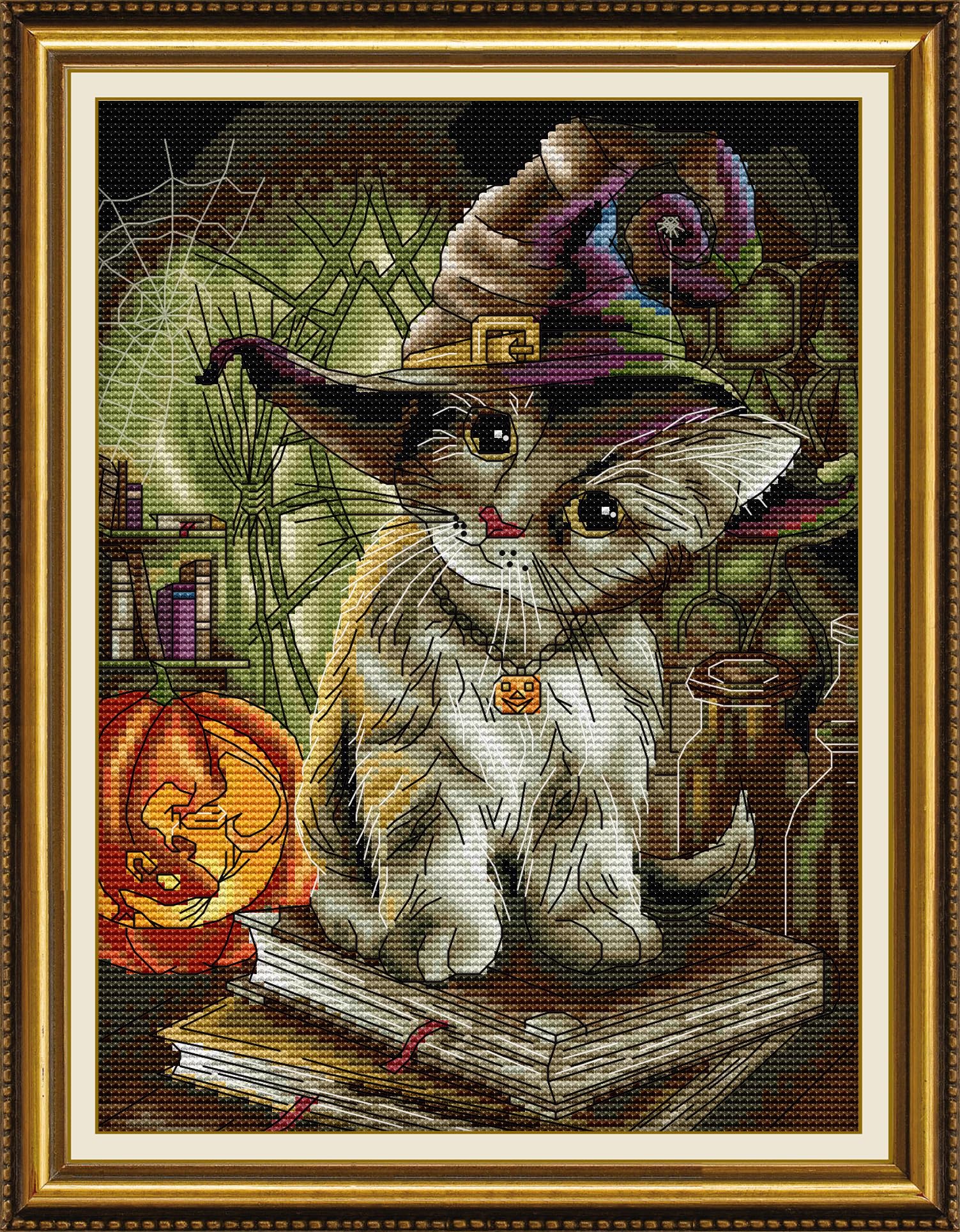 Stitchmelody Stamped Cross Stitch Kits,11CT Printed Pattern Embroidery Kit DIY Home Décor Needlework-Cat Magician 32cm×40cm