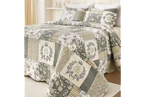 Cmfshape Floral Quilt Queen,3-Pcs Bird Pattern Queen Set,Lightweight Bedspread for Size Bed,Grey Plaid Farmhouse Reversible Bed All Season,Country Quilted Blanket(Grey&White Queen90”x90”)