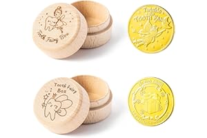 Luiqs Vens 4Pcs Tooth Fairy Gifts Set Tooth Fairy Box with Gold Foil Reward Commemorative Coin Tooth Fairy Golden Coin with Plastic Case Wooden Baby Keepsake Box for Lost Teeth Kids Birthday Gift